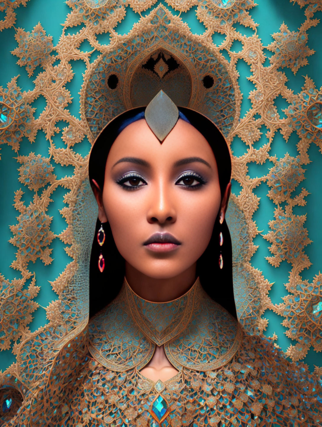 Exotic makeup woman in golden headdress against turquoise background