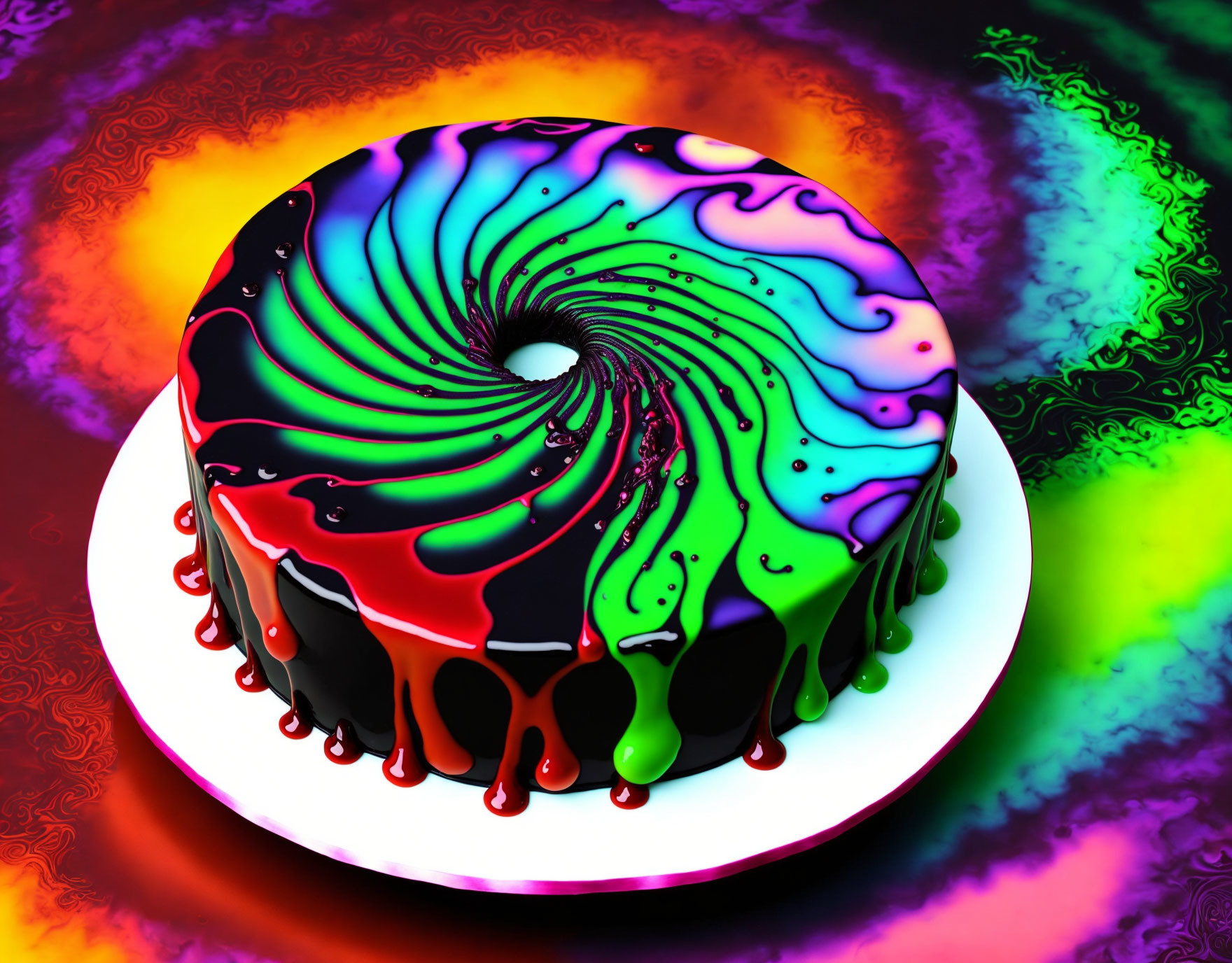 Colorful Psychedelic Swirl Pattern Mirror-Glazed Cake