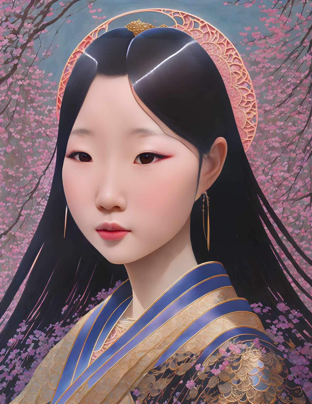 Digital portrait of woman with East Asian features, black hair, gold earrings, patterned garment, amid