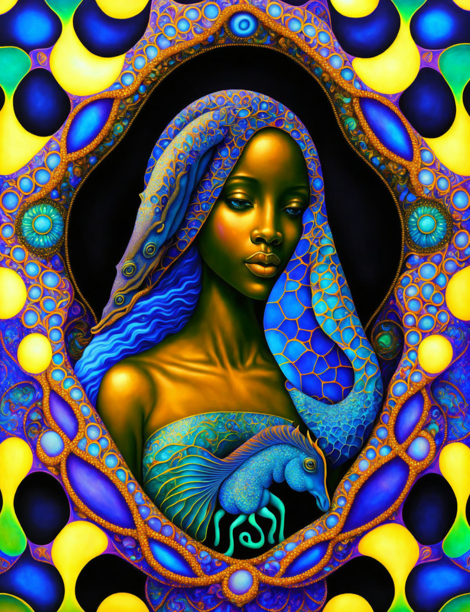 Colorful Psychedelic Portrait of Woman with Blue Tones and Fish Motif