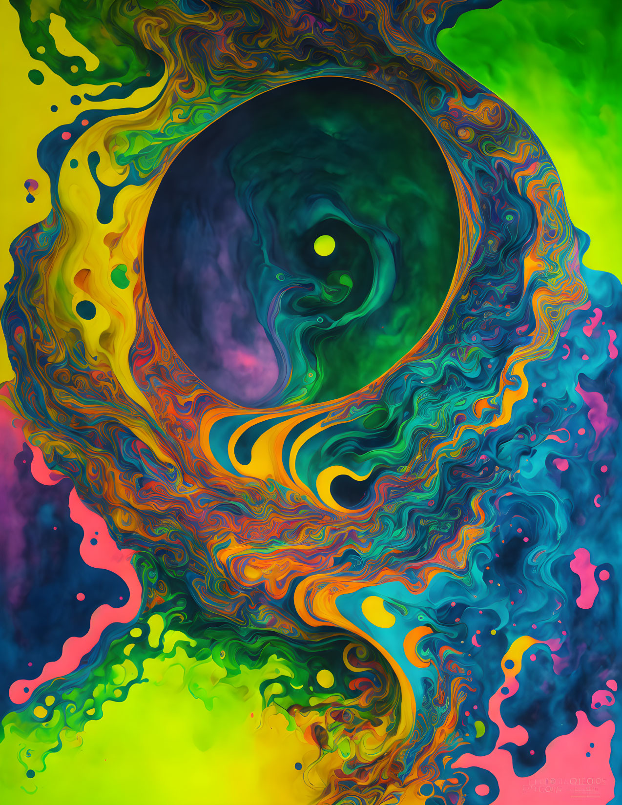 Colorful Psychedelic Artwork with Swirled Patterns and Eye-like Vortex