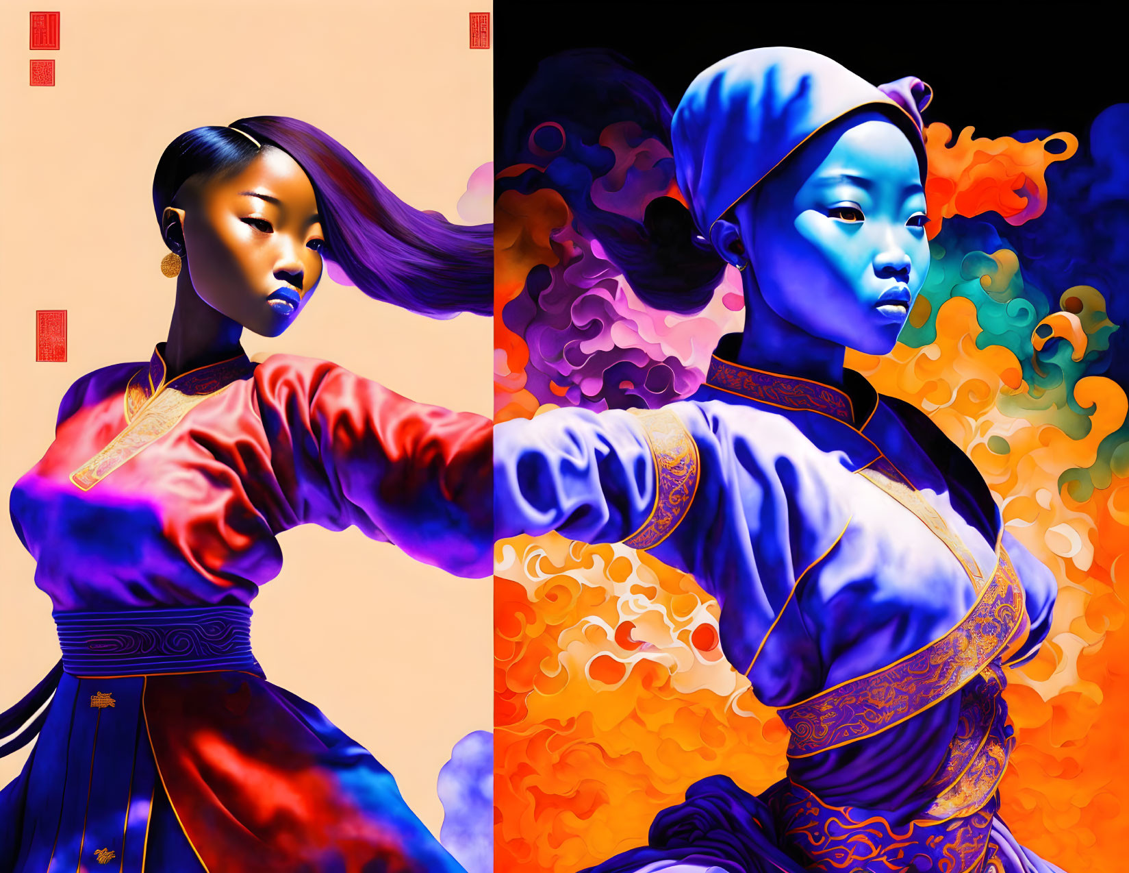 Split-image Artwork: Woman in Traditional Asian Attire with Modern Twist