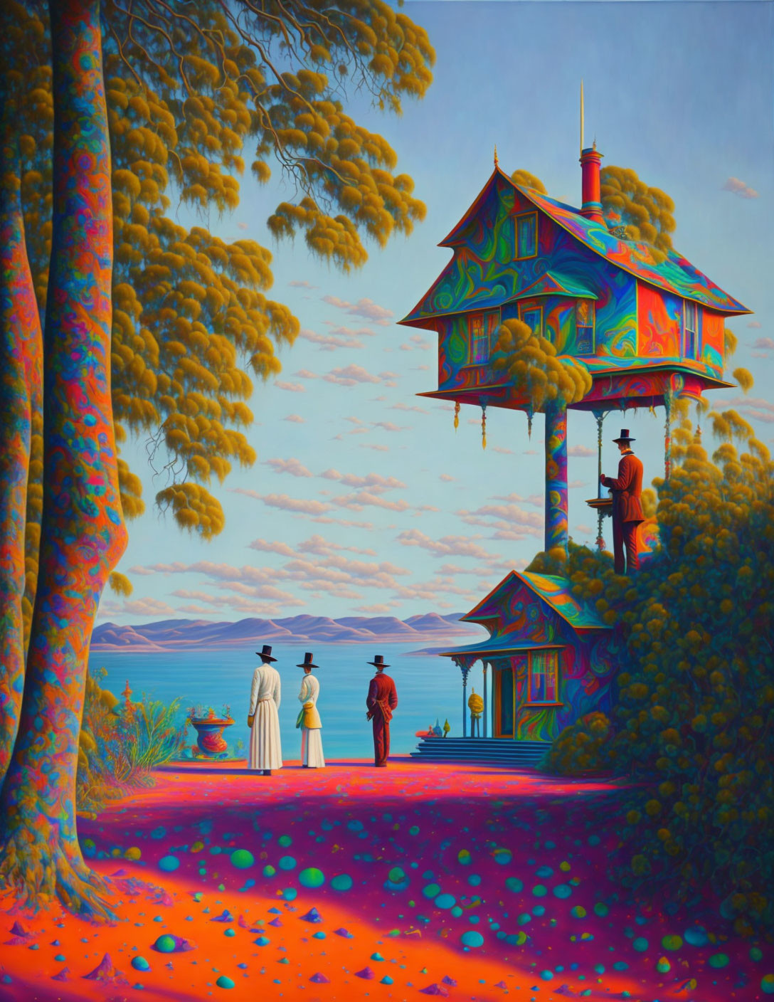 Colorful surreal landscape with four figures near ornate house