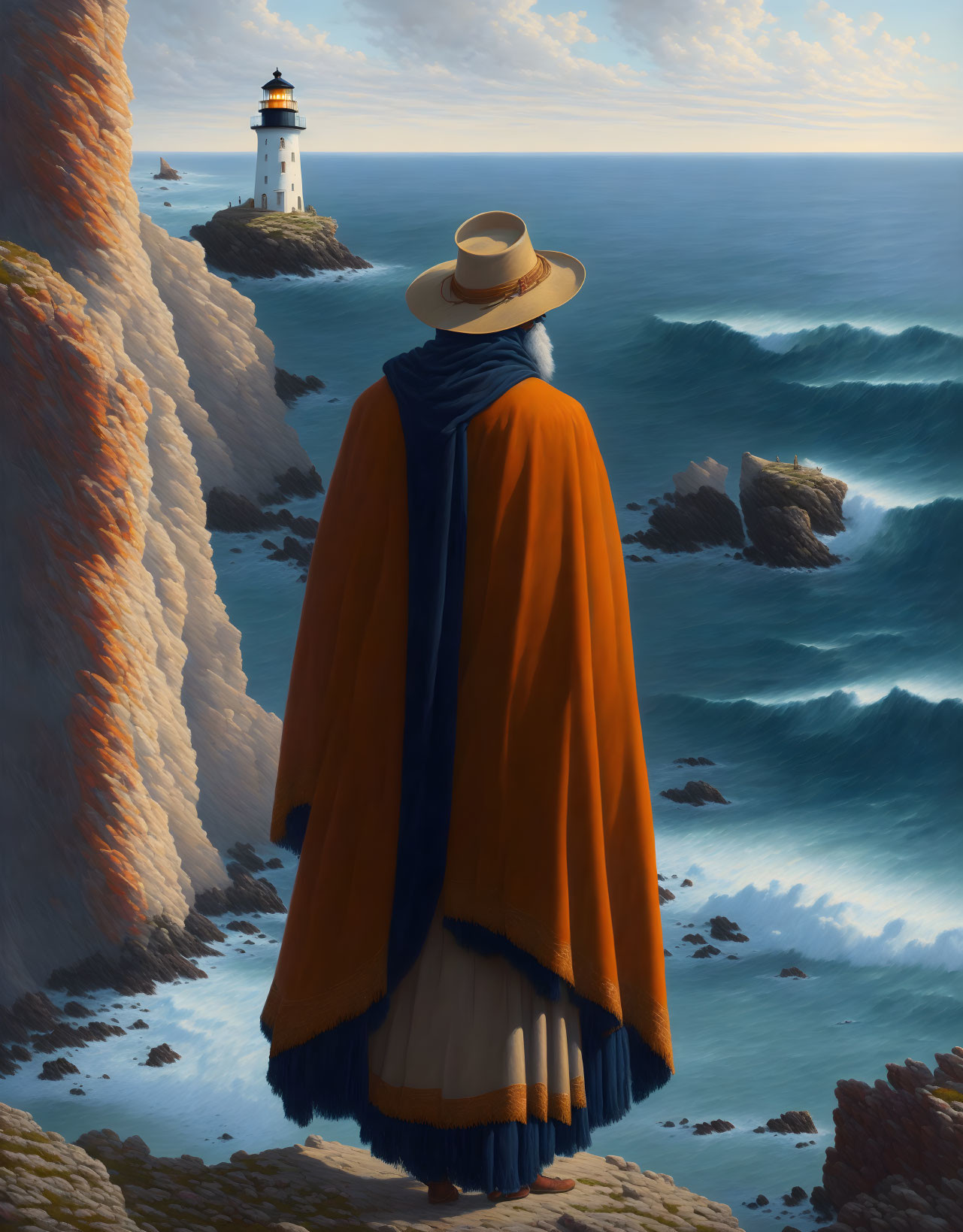 Person in wide-brimmed hat gazes at lighthouse and ocean waves from cliff