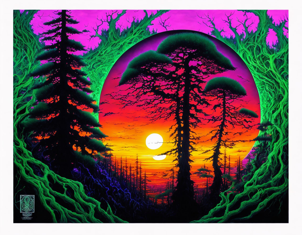 Colorful Silhouetted Trees in Neon Forest Sunset