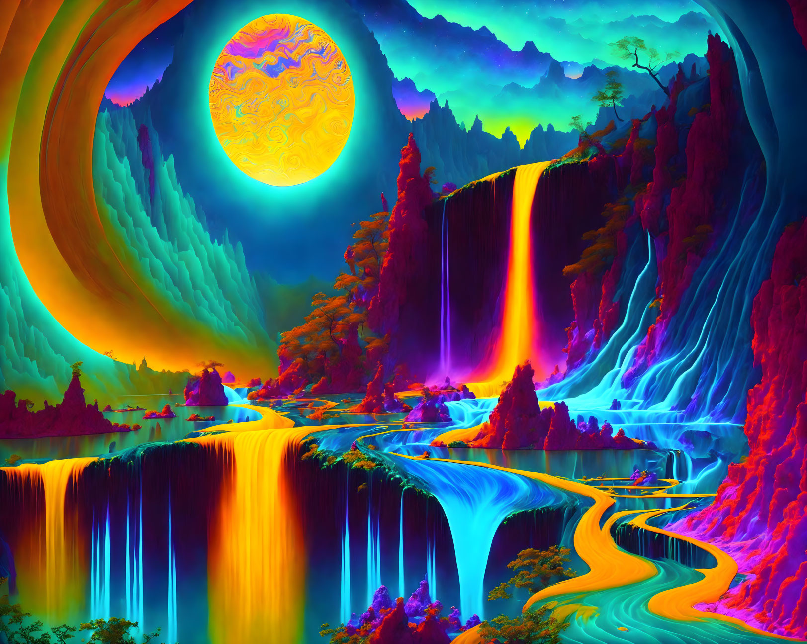 Surreal landscape with waterfalls, rivers, mountains, and yellow moon