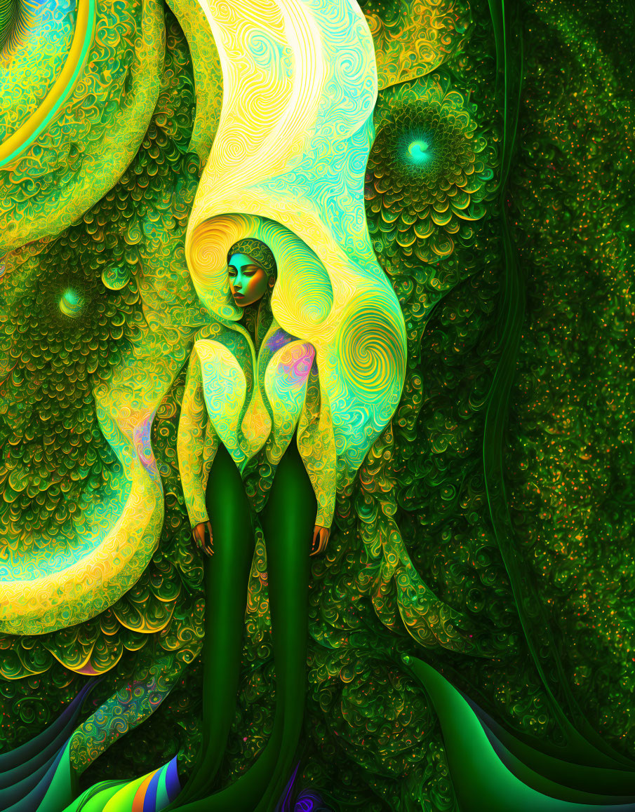 Colorful digital artwork: Figure with green and yellow patterns in intricate, swirling designs.