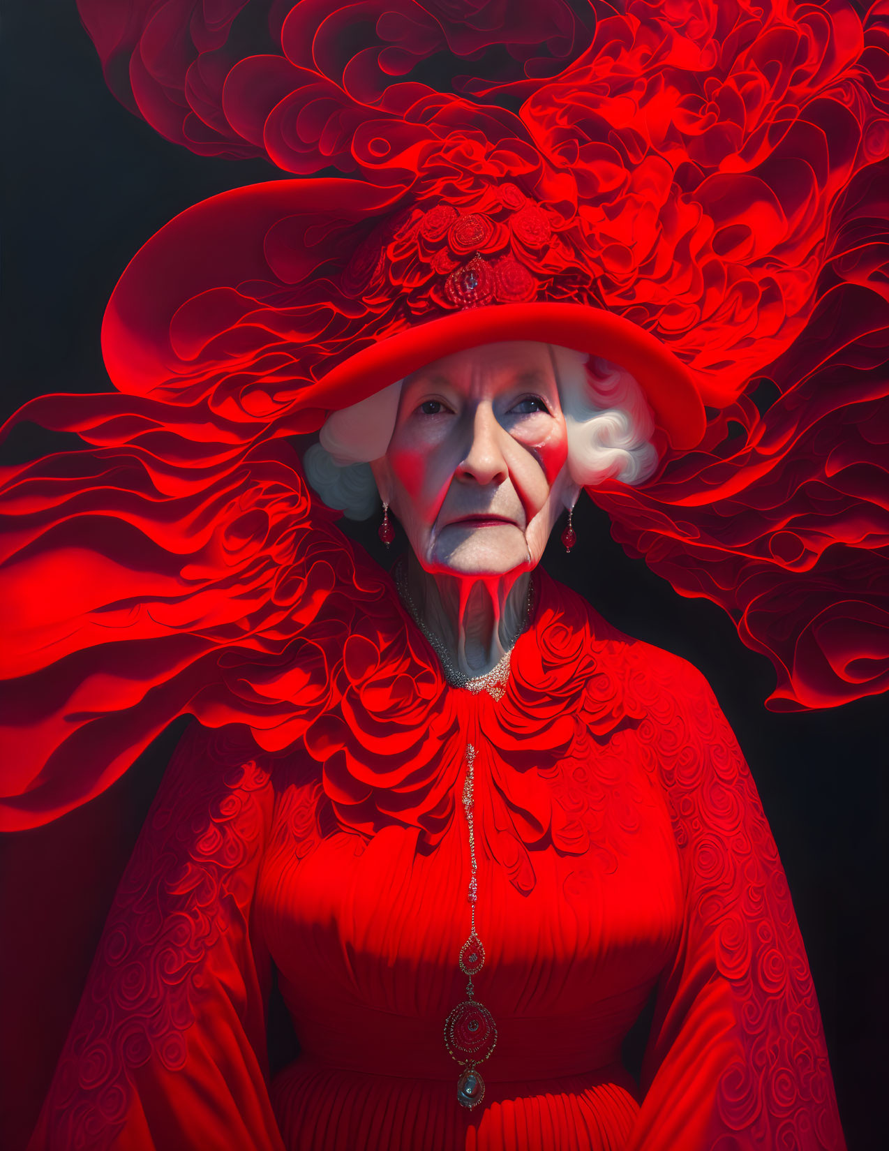 White-Haired Lady in Red Ornate Outfit and Swirling Hat on Dark Background