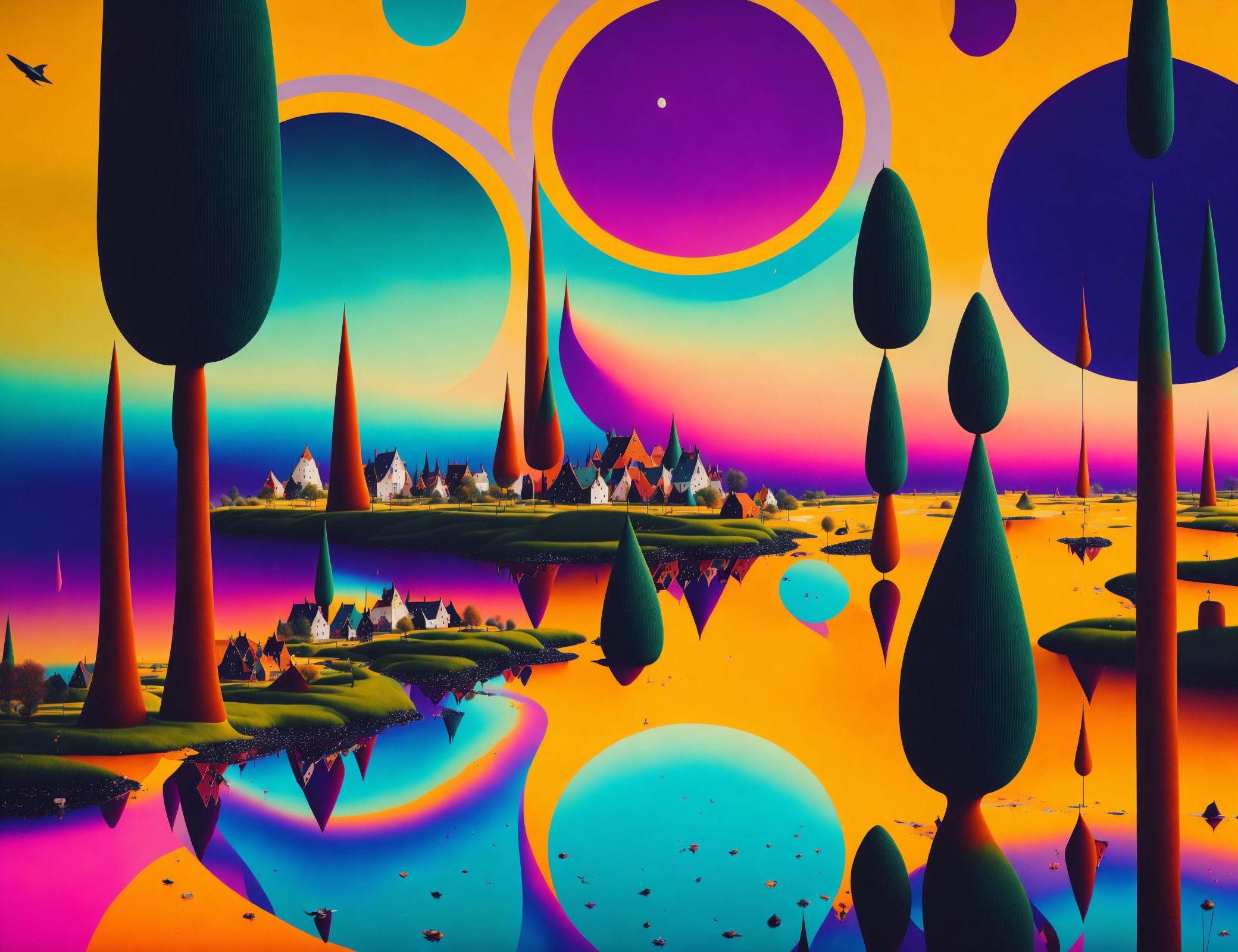 Colorful Surrealist Landscape with Floating Islands and Whimsical Structures