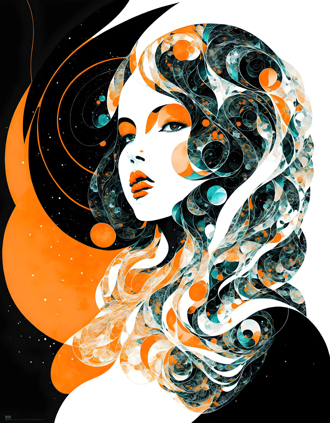 Woman with Flowing Hair and Celestial Bodies in Orange and Black