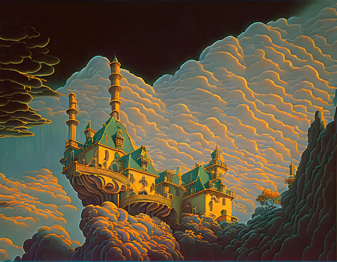 Fantastical Castle with Spired Clifftop Surrounded by Golden and Orange Clouds