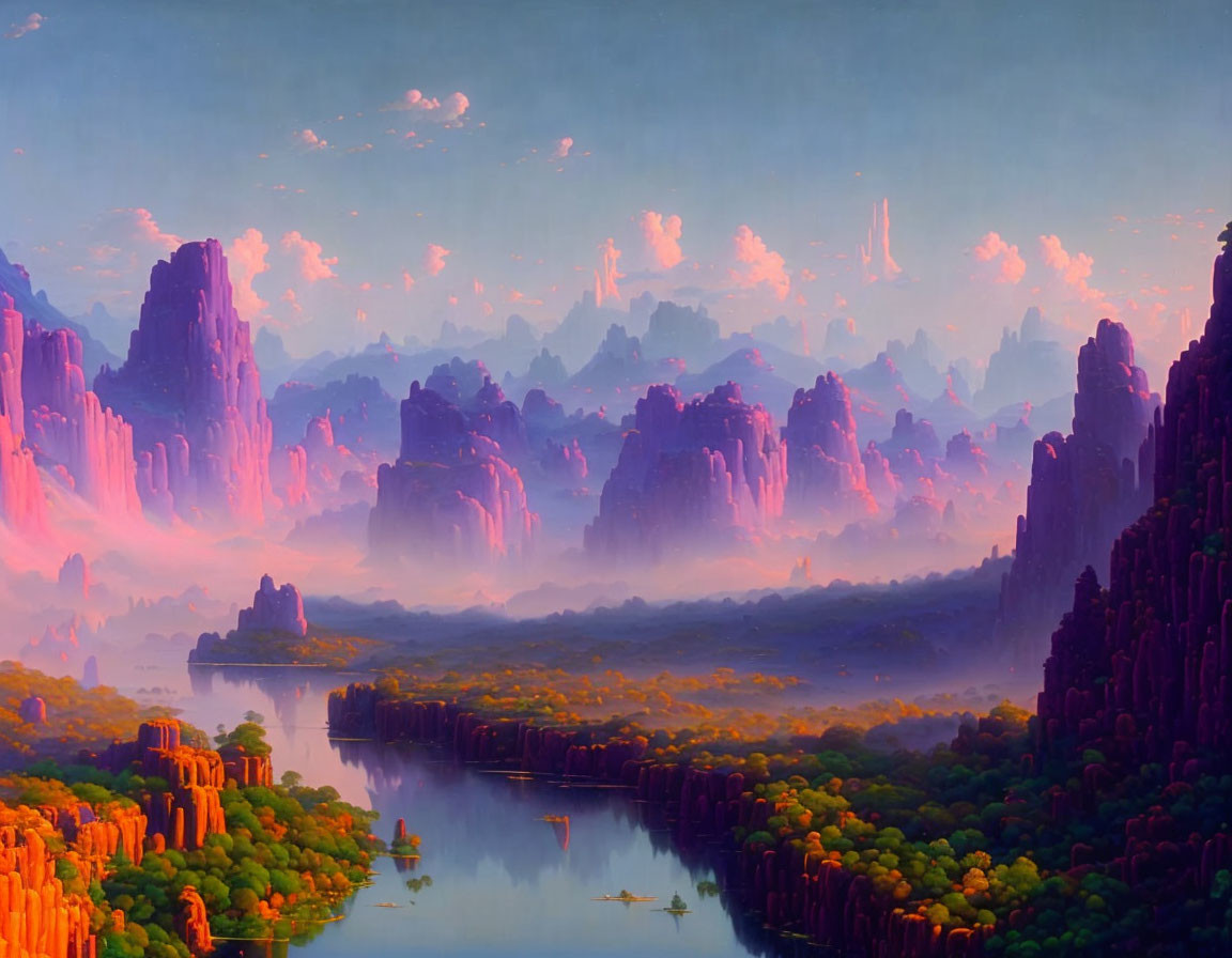 Fantasy landscape with rock formations, river, forests, and pastel sky