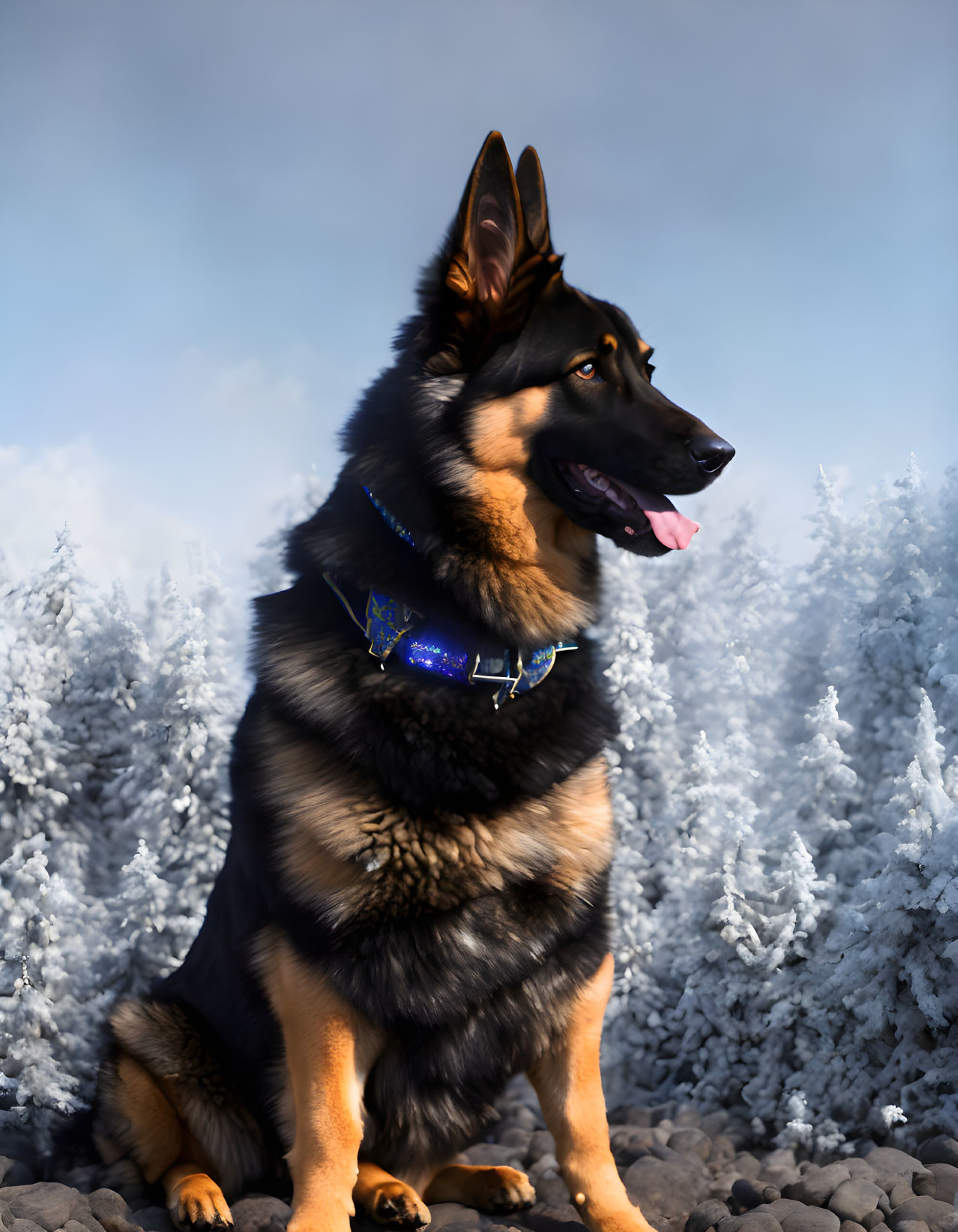 German Shepherd Dog in Snowy Setting with Blue Collar