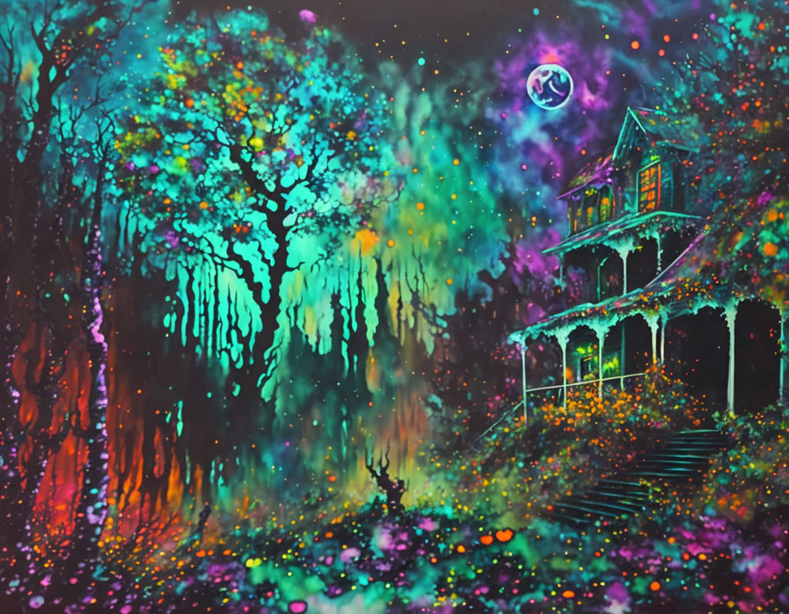 Vibrant neon-colored haunted house in psychedelic forest at night