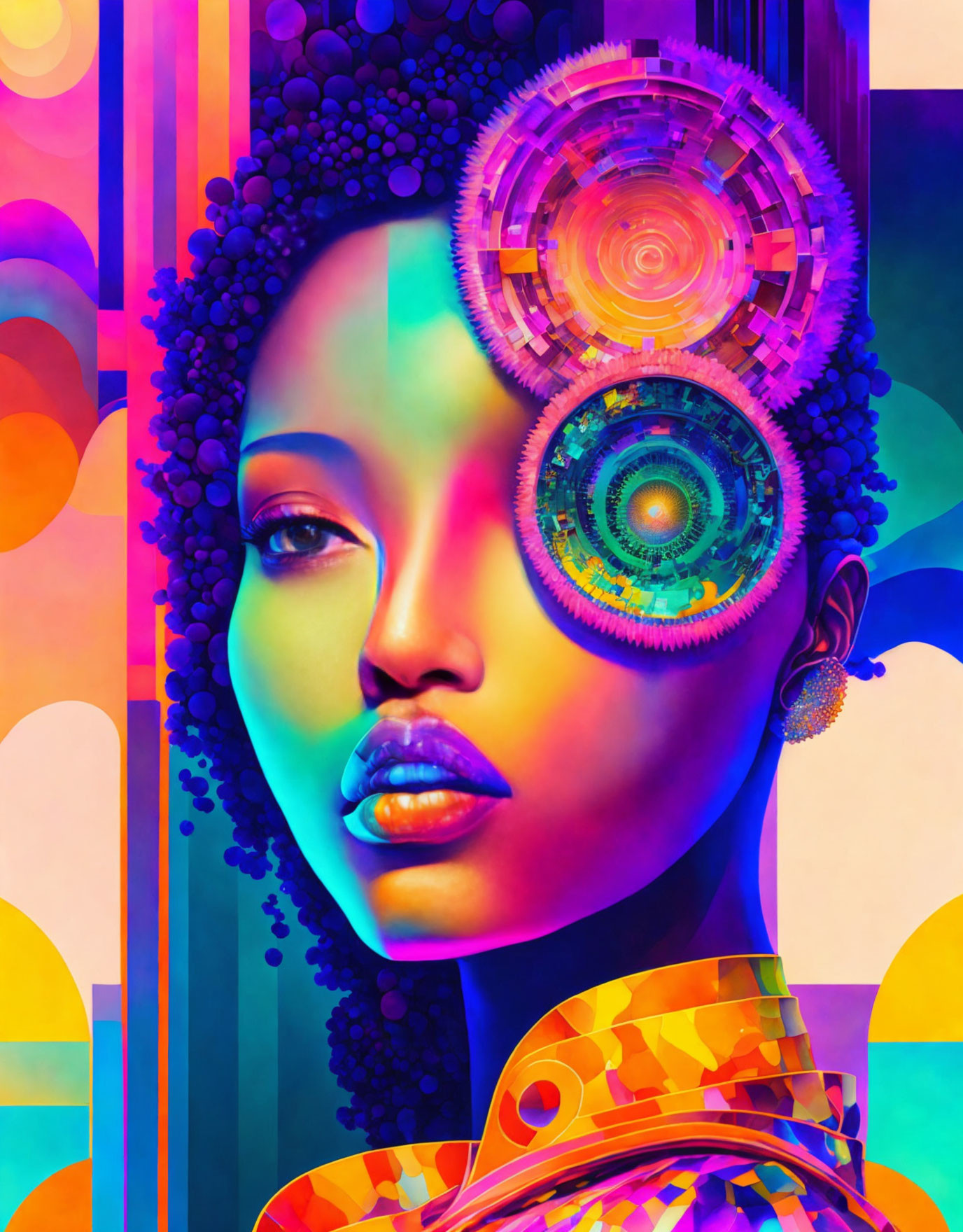 Colorful Digital Portrait of African Woman with Gear-like Eye on Abstract Background