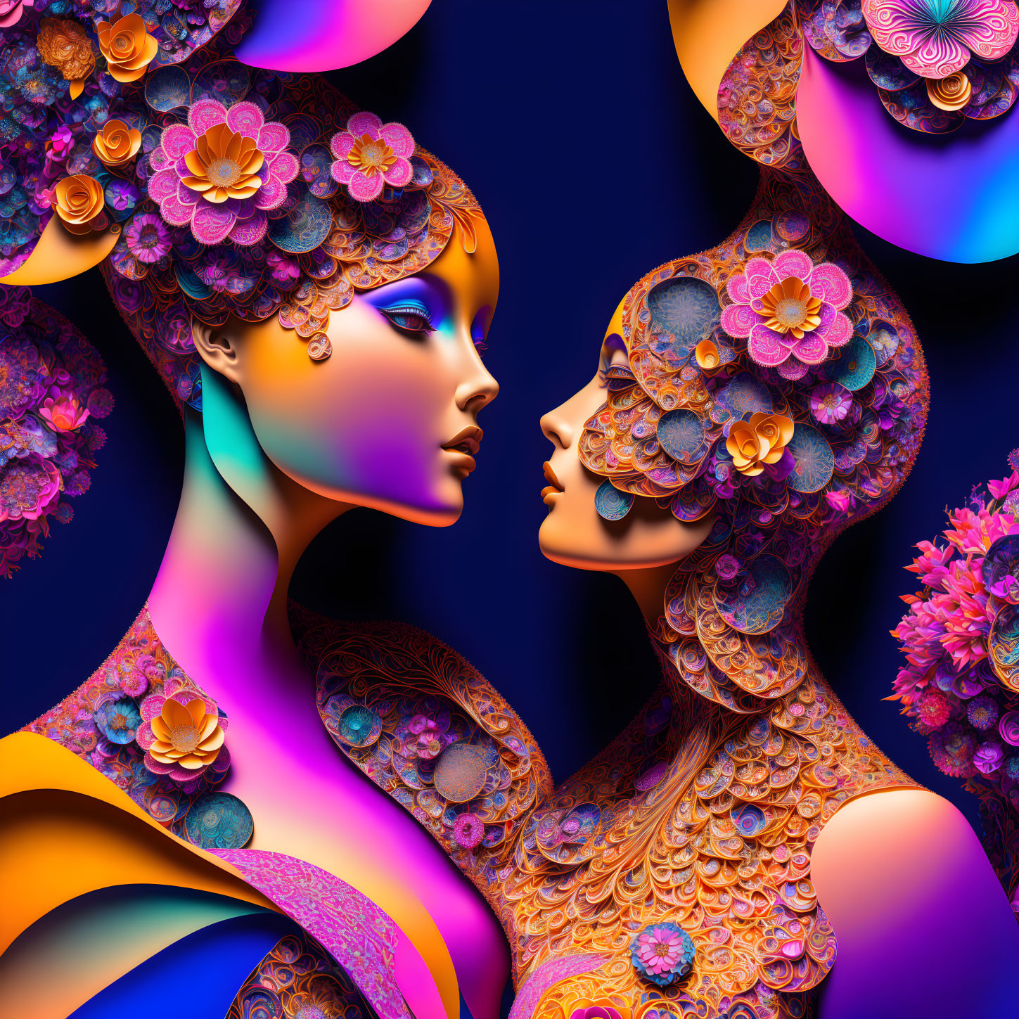 Abstract digital art: Two female figures with floral patterns in purple, blue, and orange