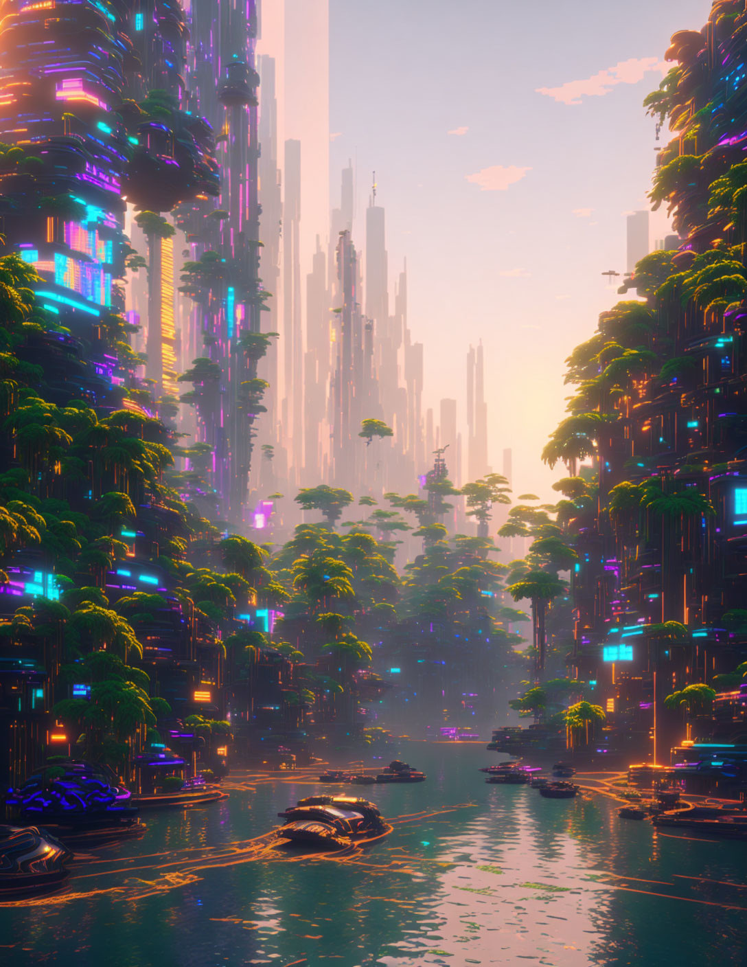 Futuristic cityscape with towering buildings and lush vegetation under a sunset sky