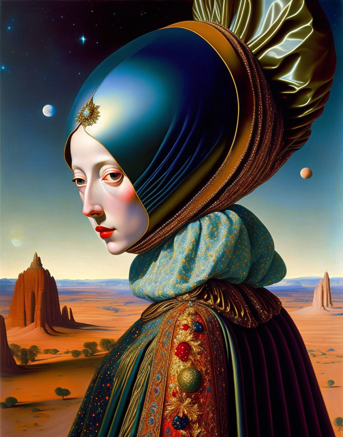 Surreal portrait of female figure with reflective blue headpiece in desert landscape