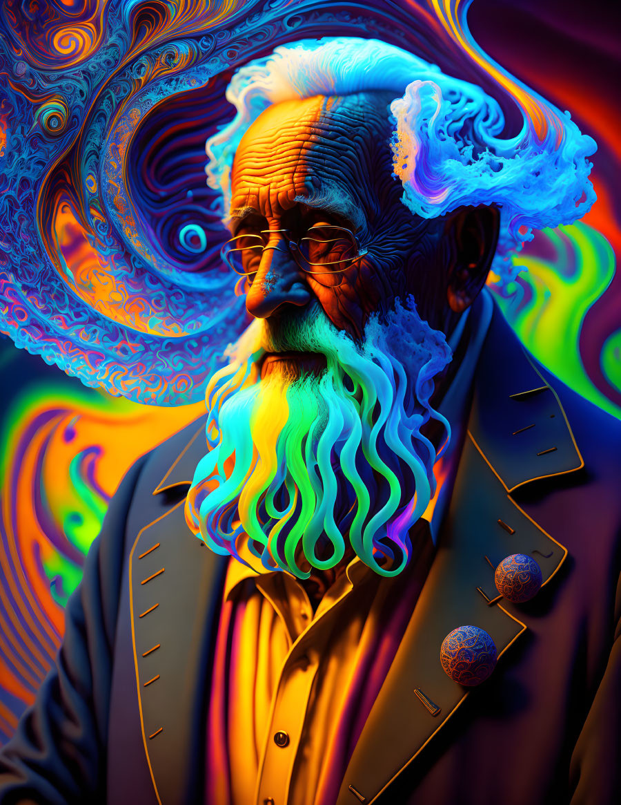 Colorful Psychedelic Portrait of Elderly Man with Swirling Beard