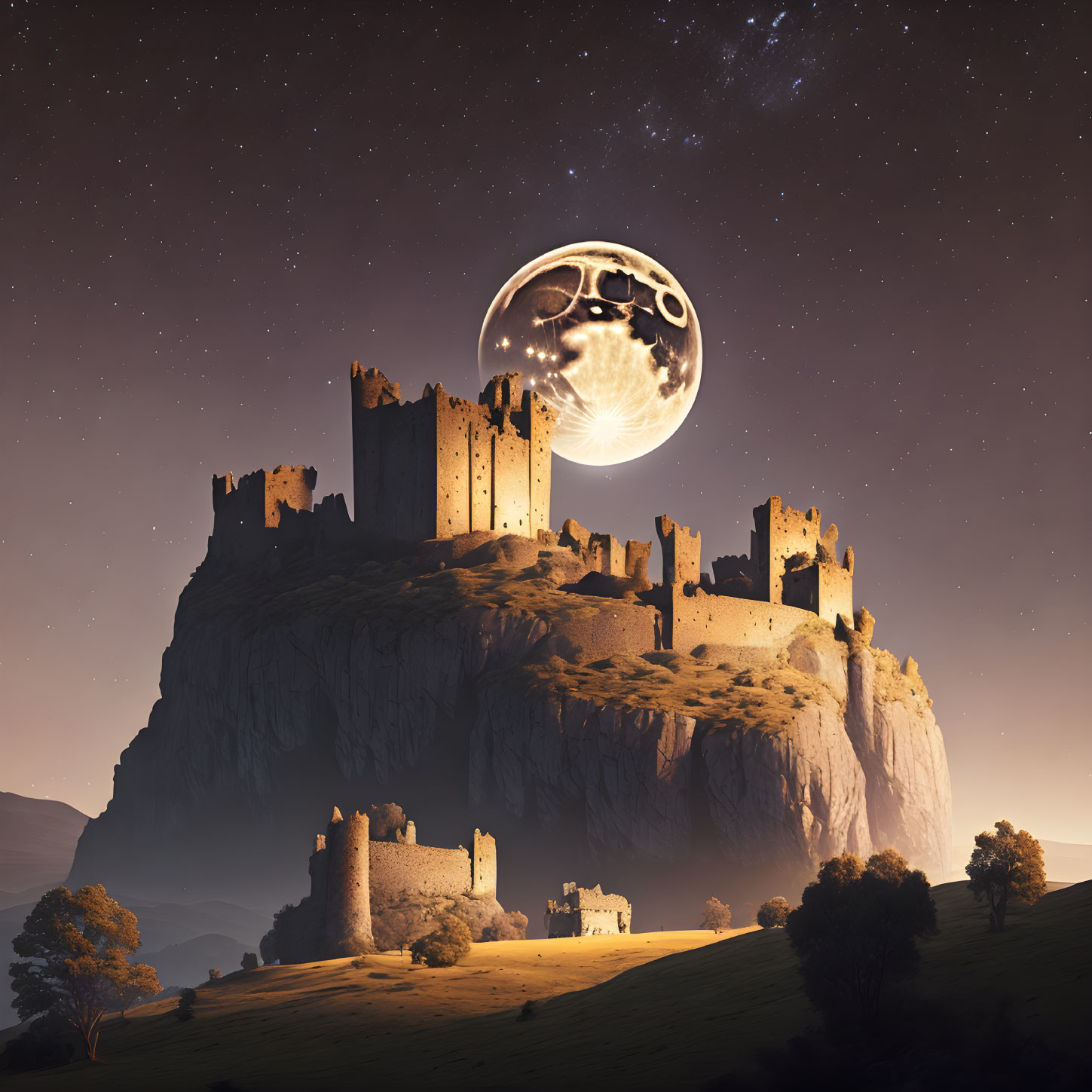 Medieval castle on hill under starry sky with full moon