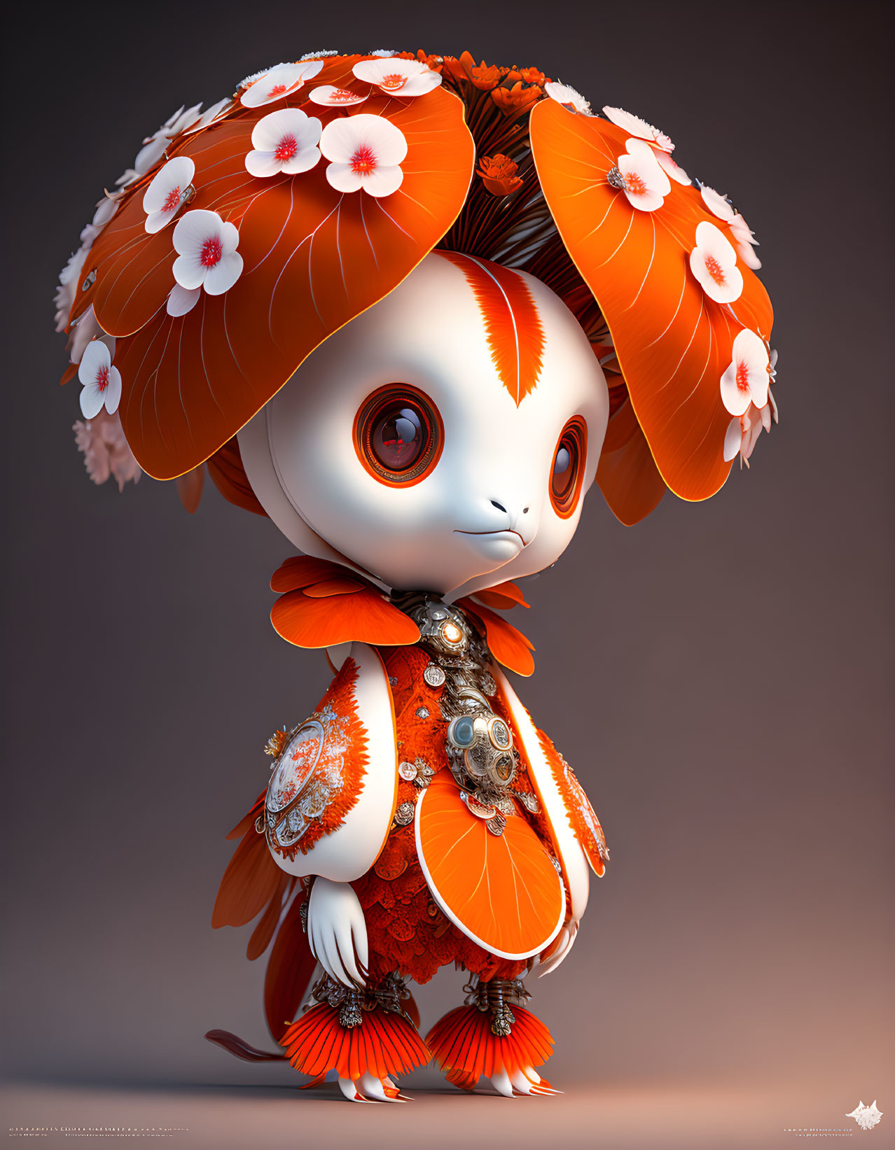 Character with Large Eyes in Orange Floral Outfit and Mushroom Cap Head