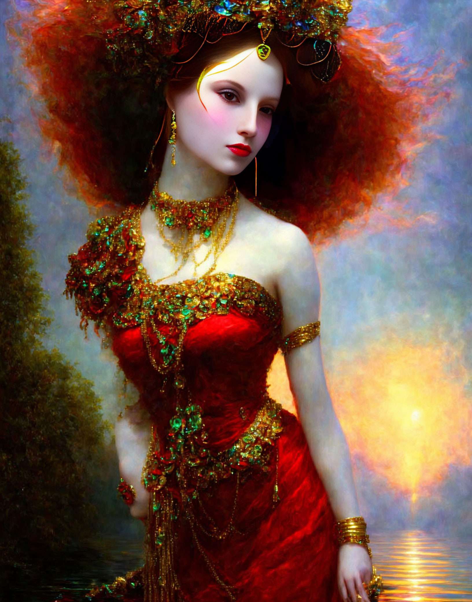 Luxurious Red and Gold Gown on Woman in Mystical Setting