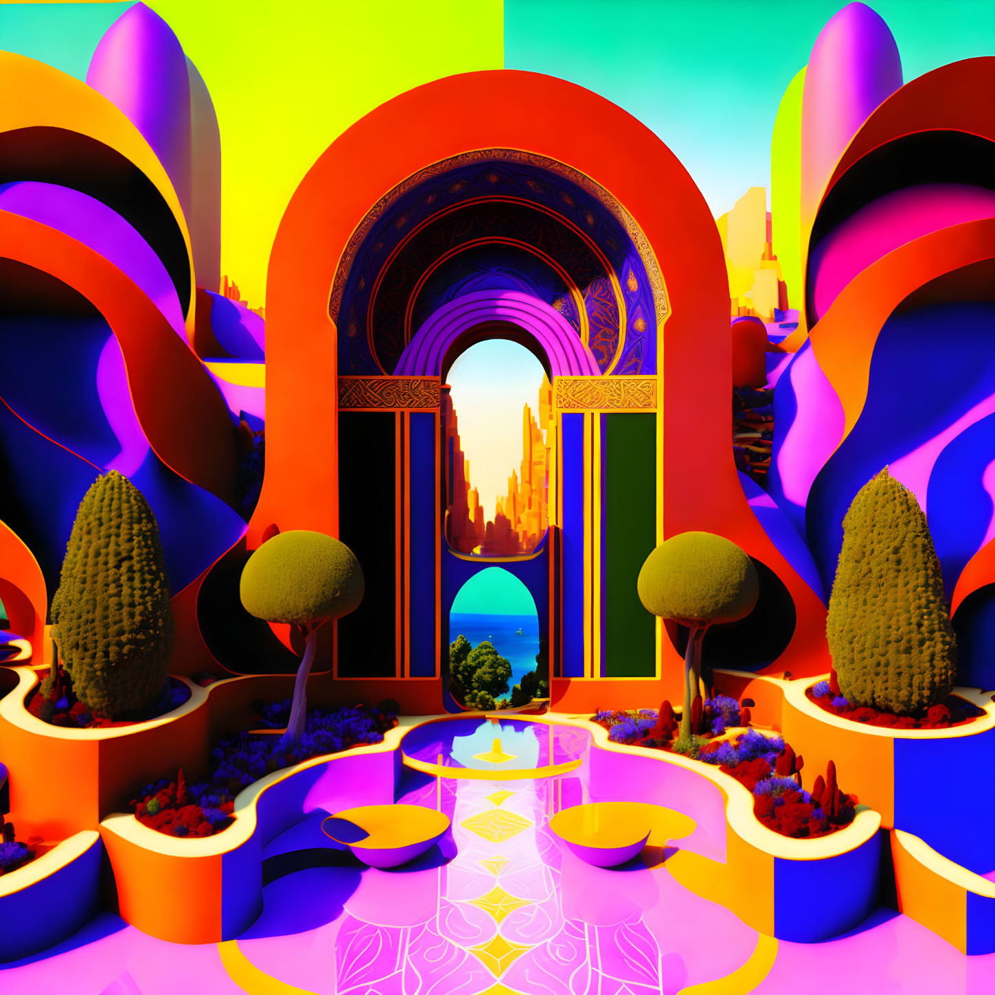 Colorful 3D rendering of fantasy landscape with archways, hills, cacti, and