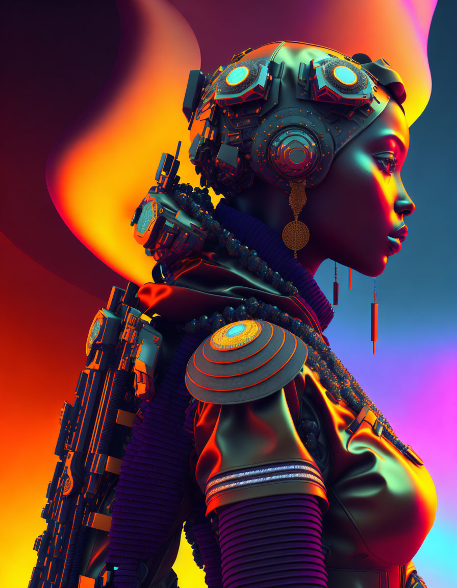 Futuristic African warrior woman with cybernetic enhancements and orange/blue lighting