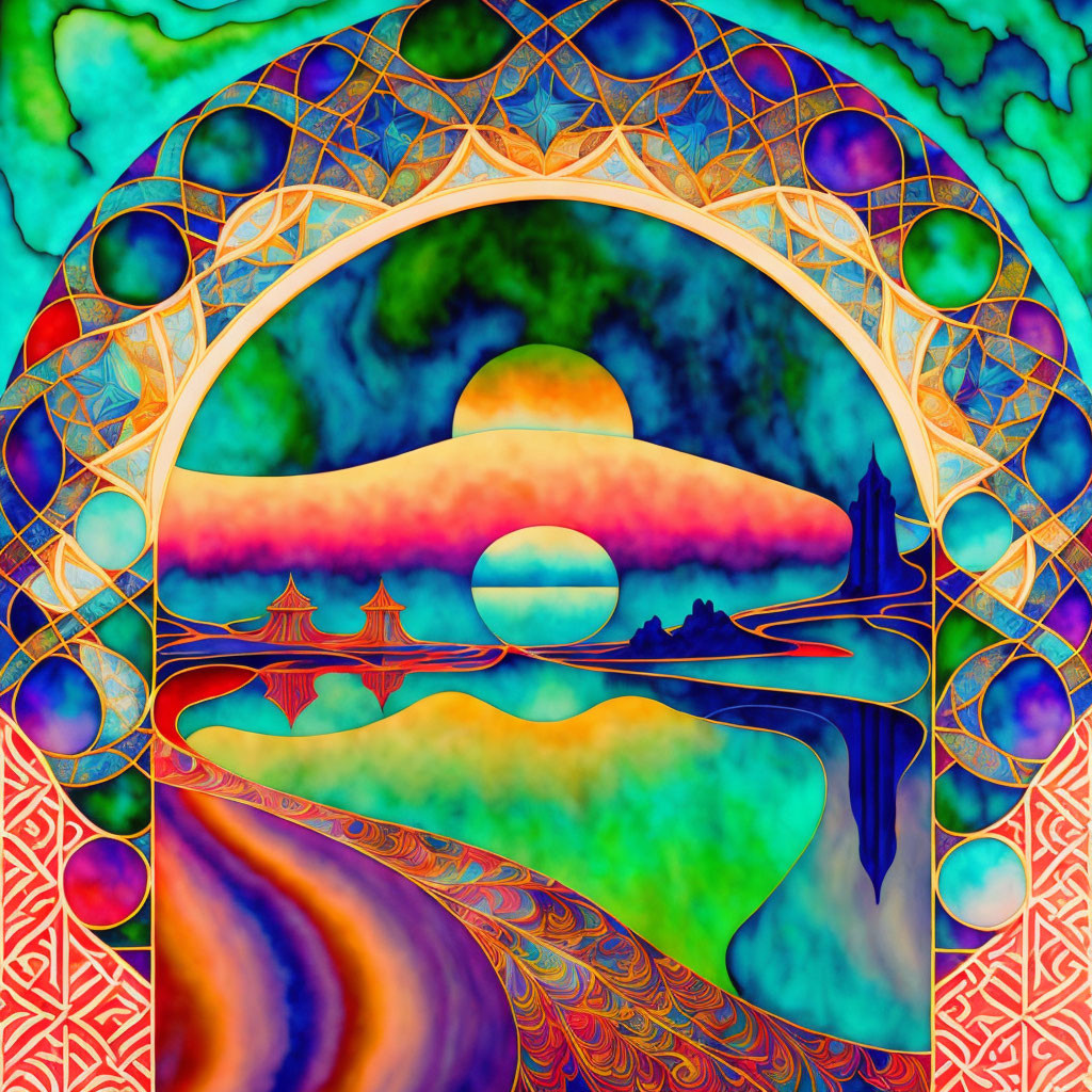 Colorful Psychedelic Landscape with Archway, Lake, Sun, Trees, and Patterns