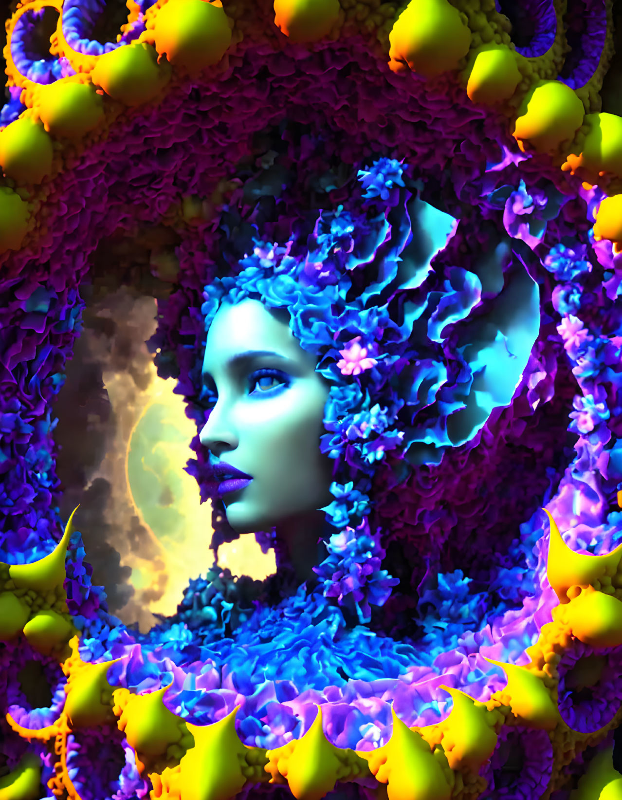 Colorful digital artwork: Woman's profile with blue skin in neon fractal patterns