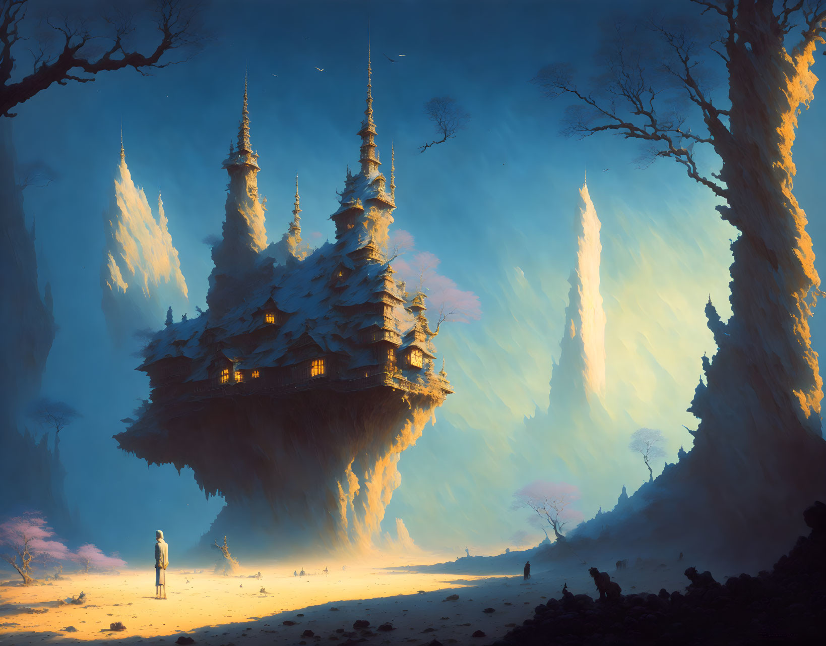 Majestic floating castle with spires in fantasy art