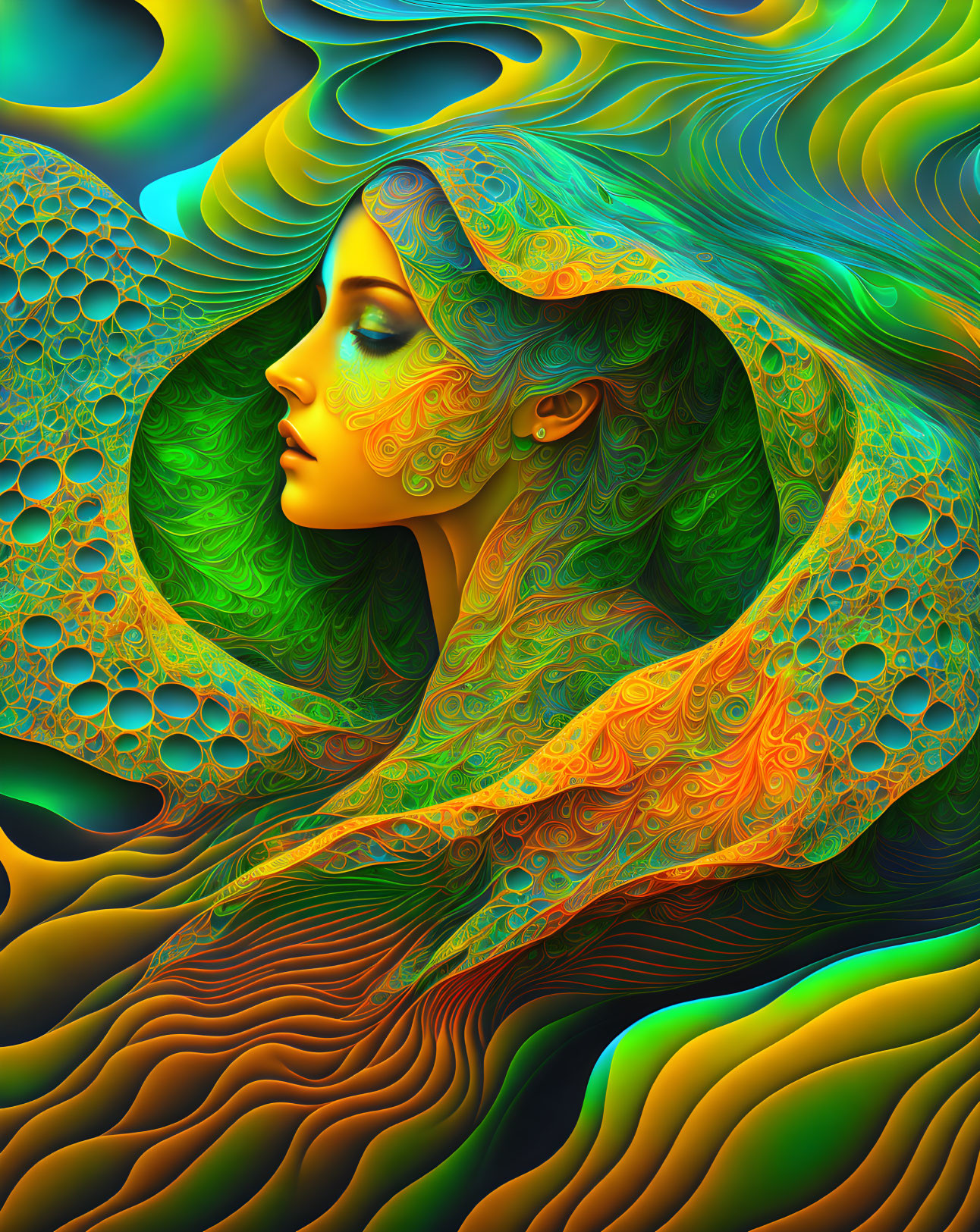 Colorful digital artwork: Stylized woman with flowing hair and cloak against psychedelic backdrop