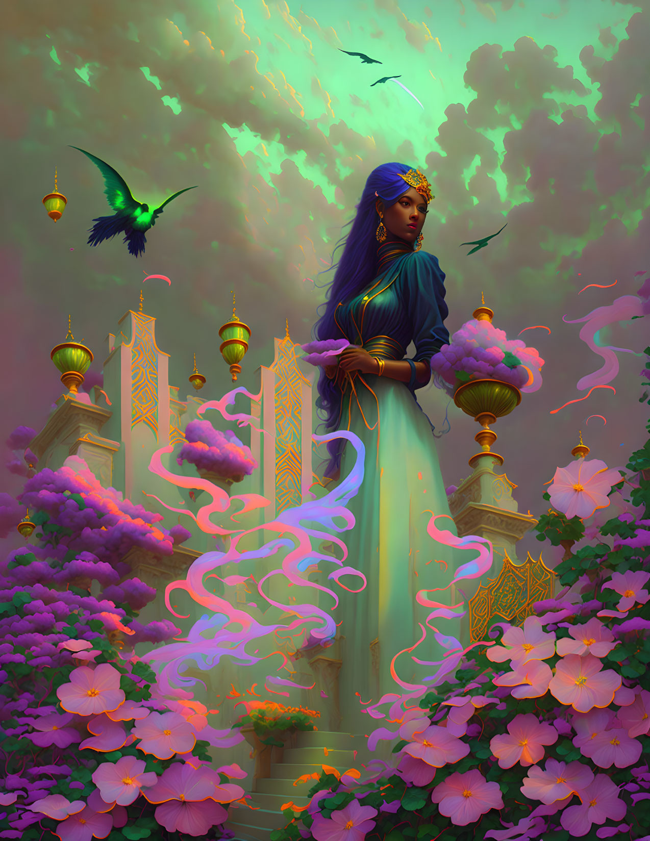 Majestic woman in blue on fantasy palace with floating lamps and birds