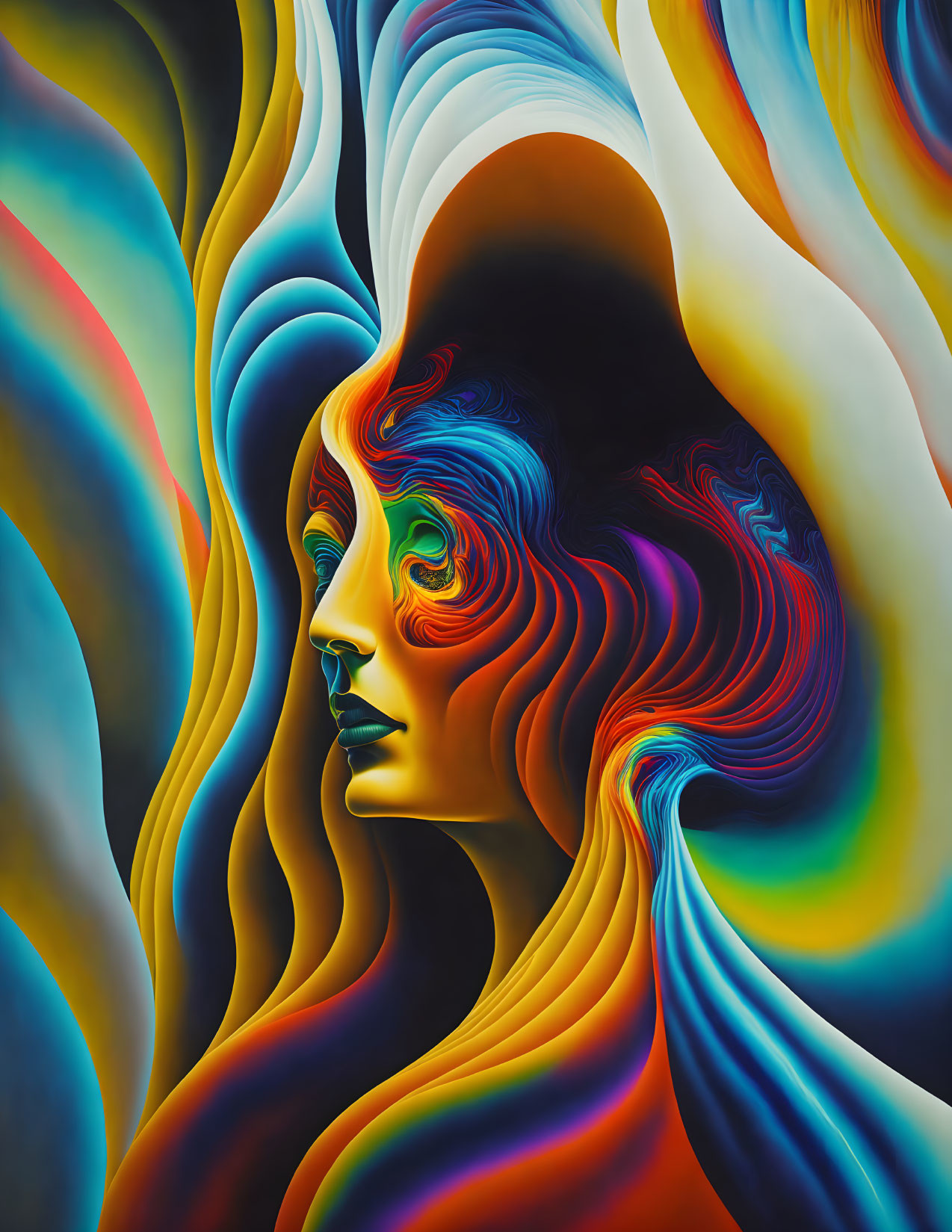 Colorful psychedelic woman profile with flowing patterns