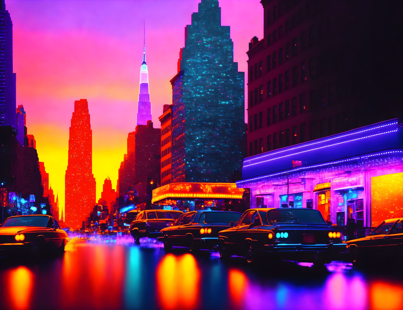 Cityscape at Dusk: Neon Lights, Wet Streets, and Silhouetted Cars