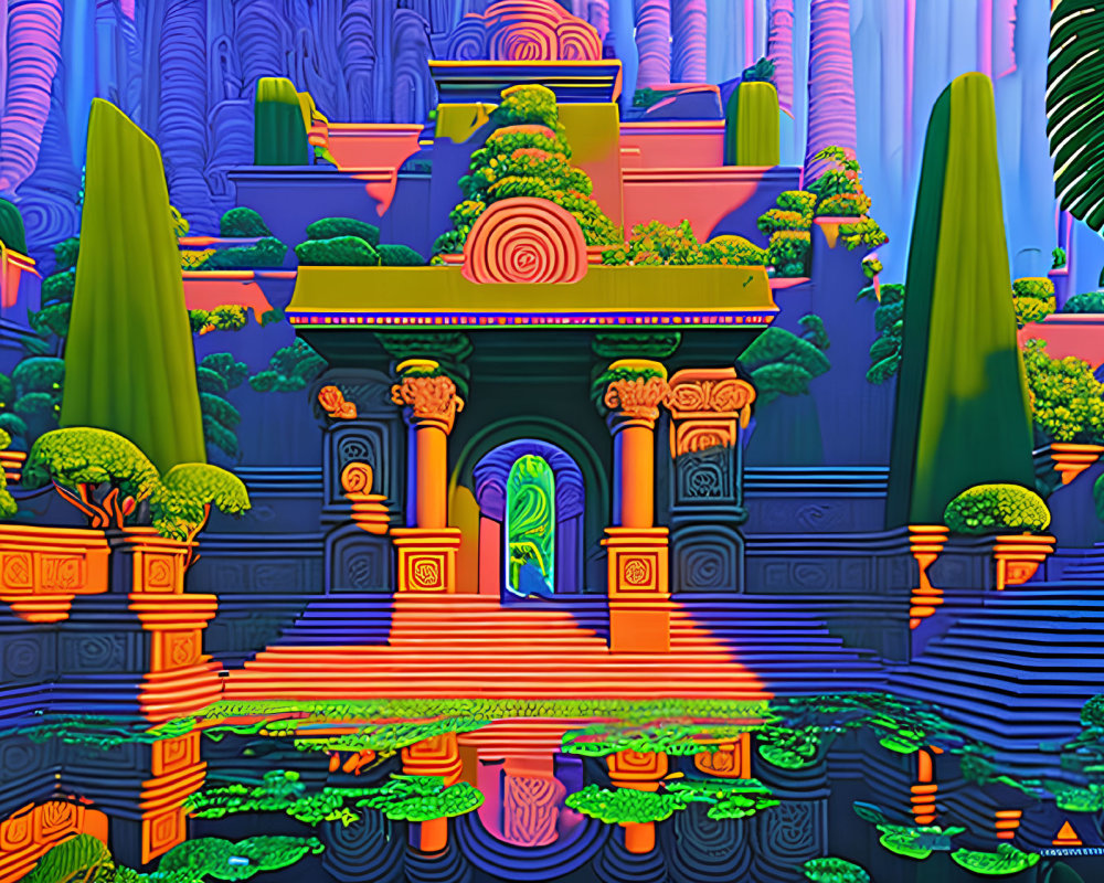 Colorful Stylized Temple Scene with Trees and Pillars