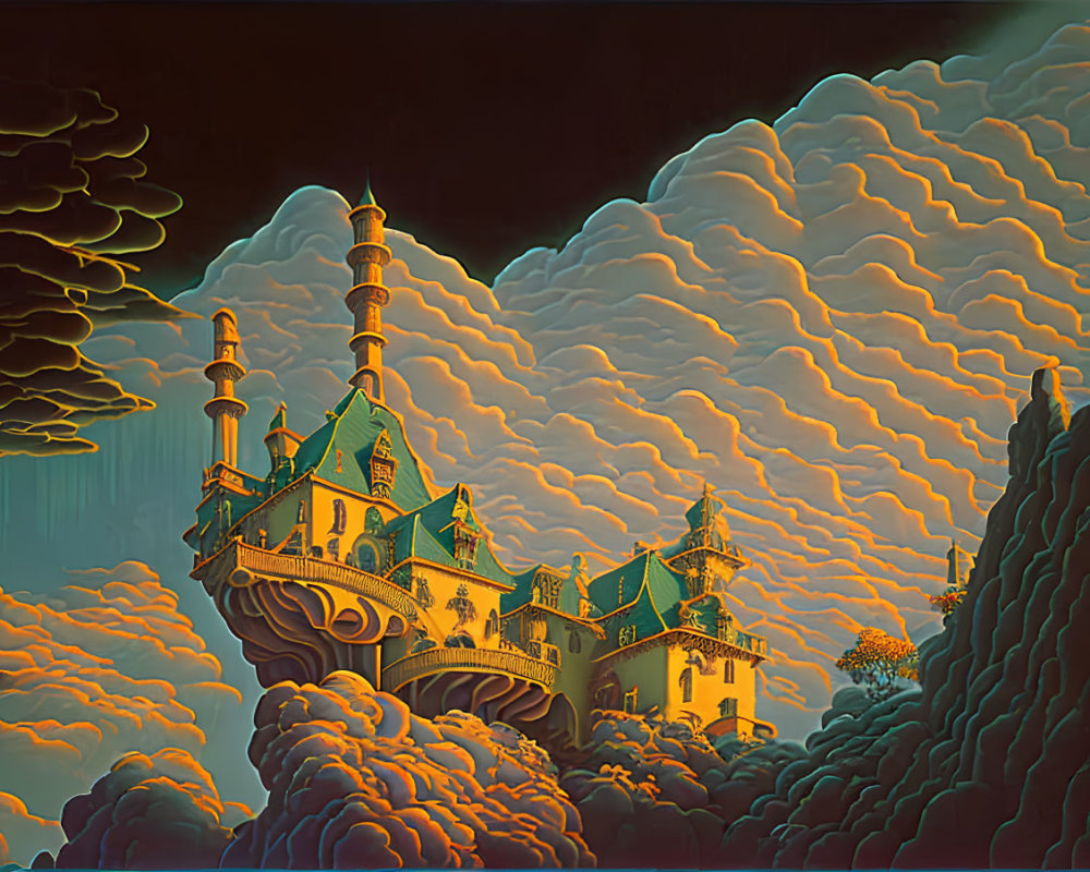 Fantastical Castle with Spired Clifftop Surrounded by Golden and Orange Clouds