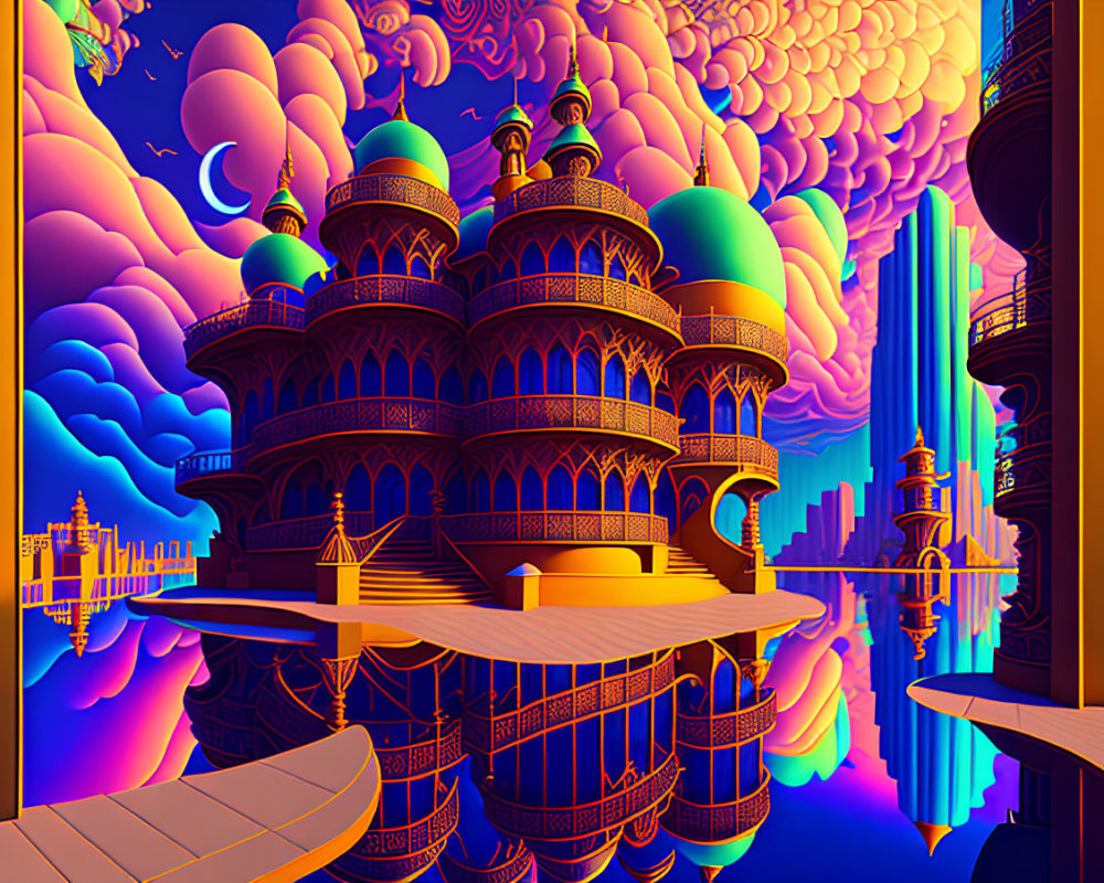 Surreal digital artwork of vibrant palace in dreamlike landscape