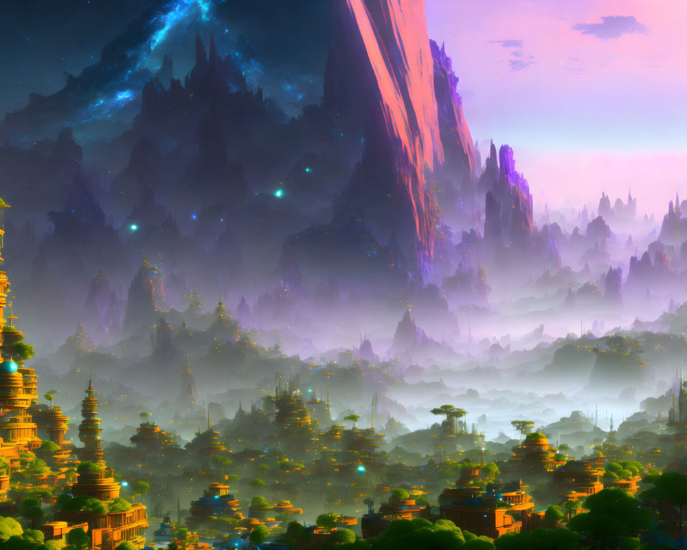 Colorful Otherworldly Landscape with Pagodas and Mountains