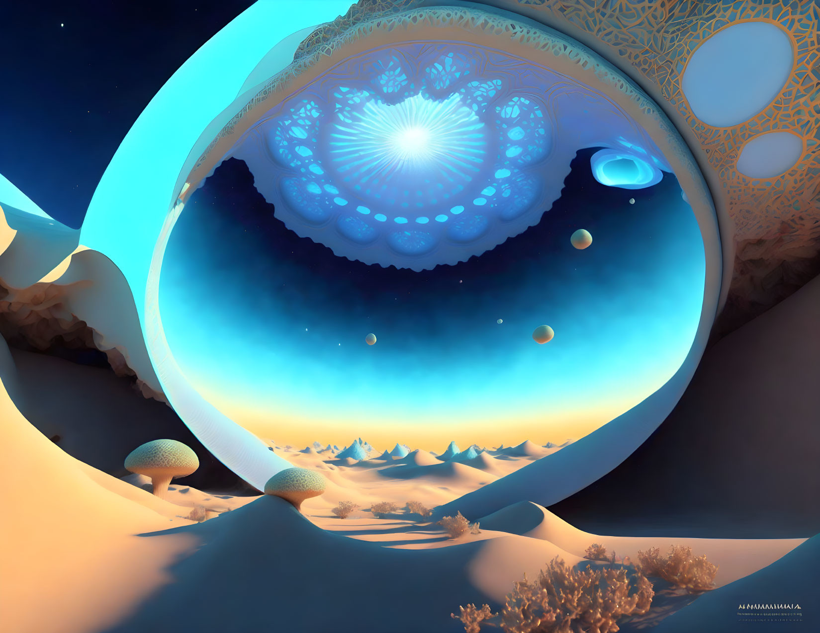 Surreal landscape with blue and orange color palette, circular frame, floating orbs, desert dunes