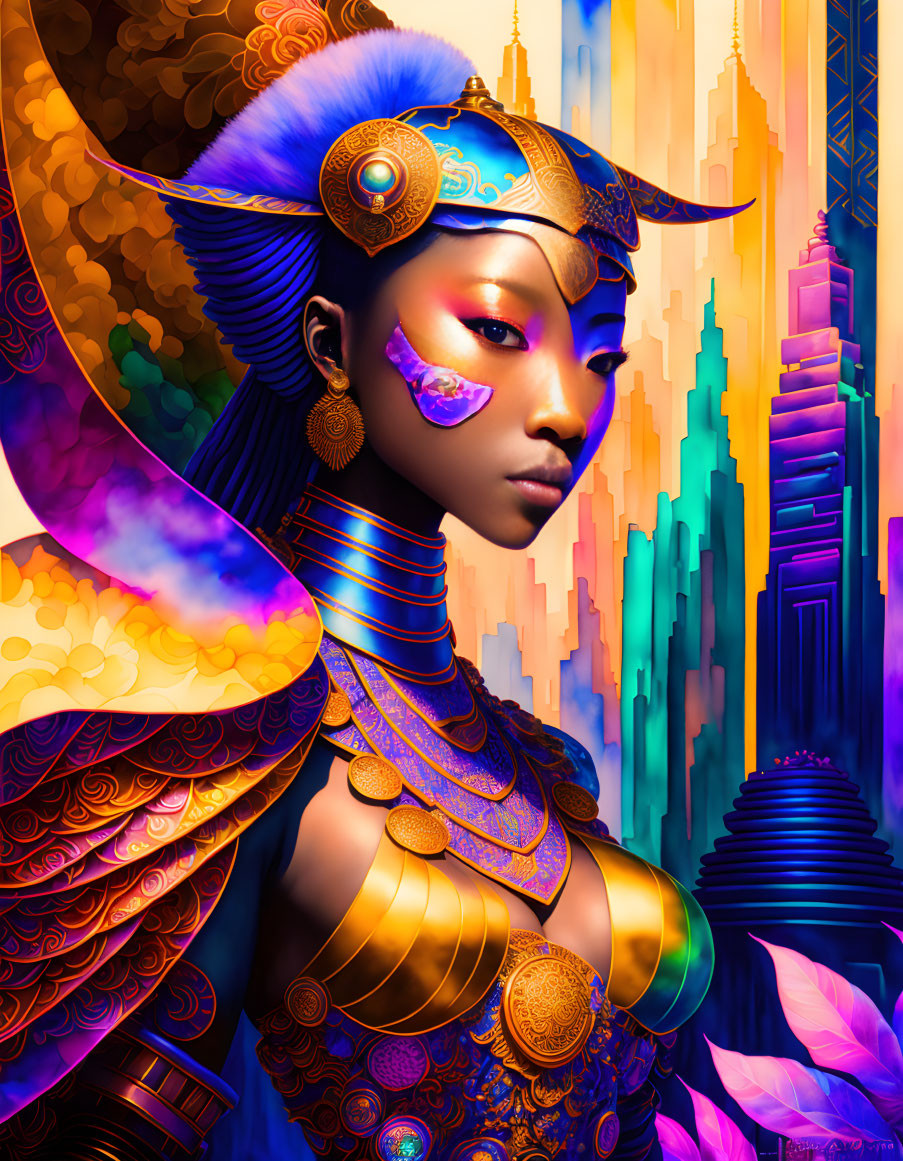 Colorful digital artwork: Woman in futuristic armor with headdress, cityscape background