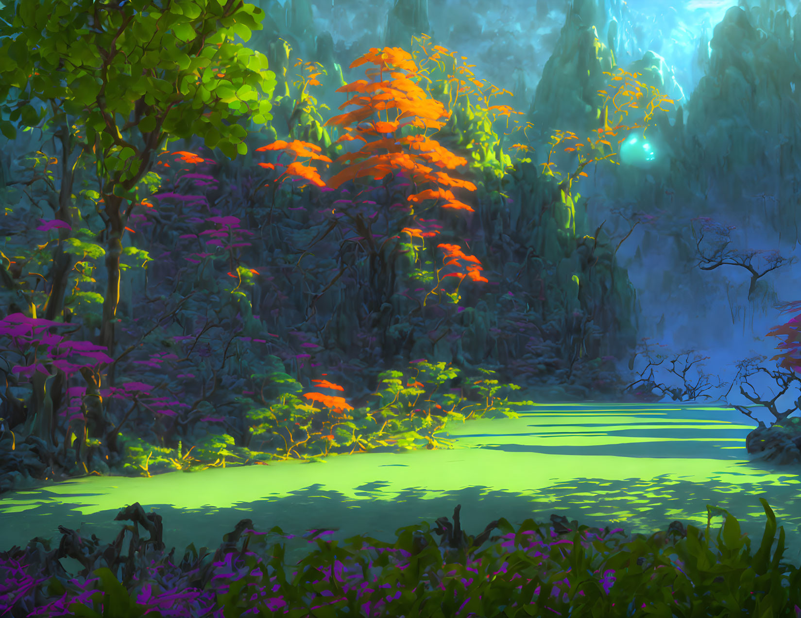 Luminescent forest with colorful foliage and glowing water
