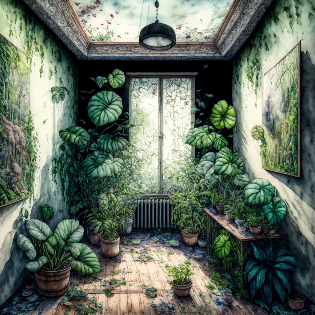 Lush greenery fills overgrown room with large leaves and potted plants.