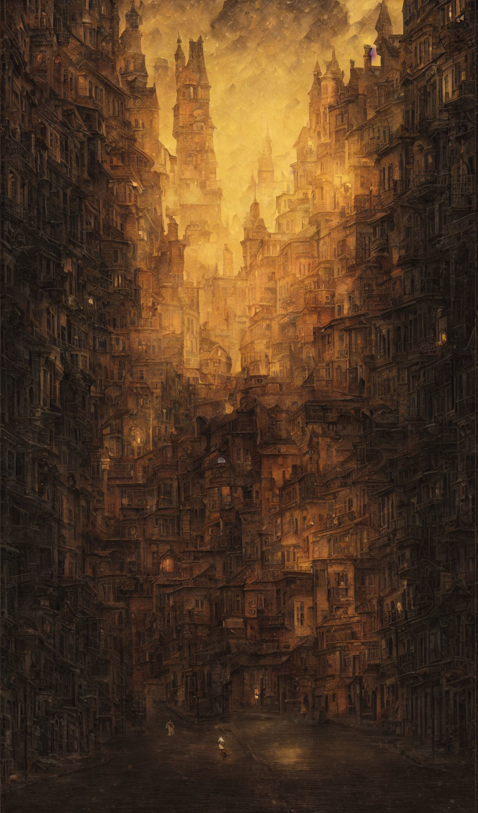 Sepia-toned vertical cityscape with towering buildings and figures.