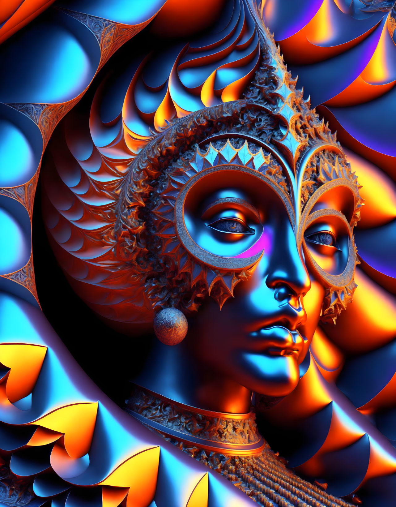 Colorful digital artwork: Blue and orange fractal character with intricate details