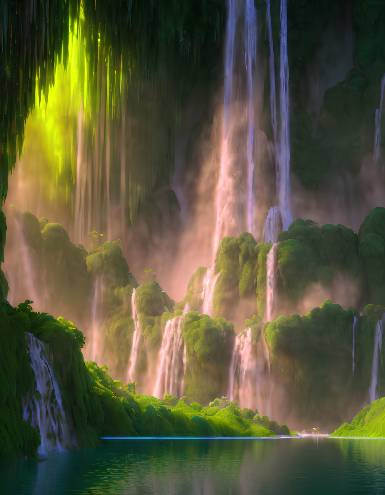 Mystical waterfall scene with vibrant greenery and luminous glow