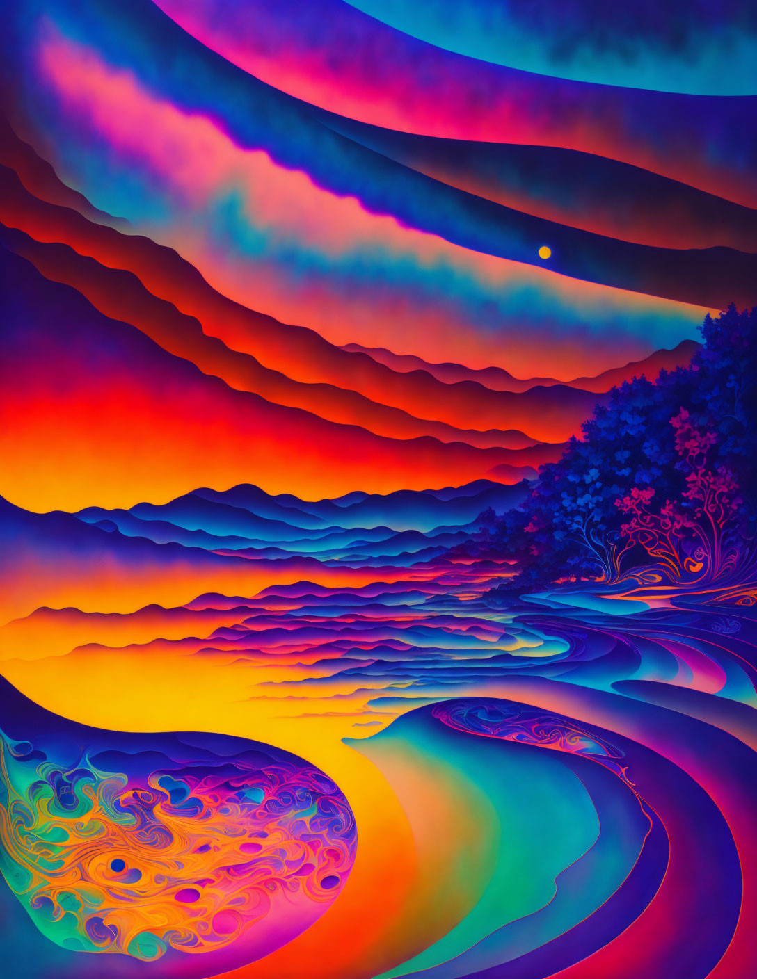 Colorful Psychedelic Landscape with Stylized Tree and Sunset Sky