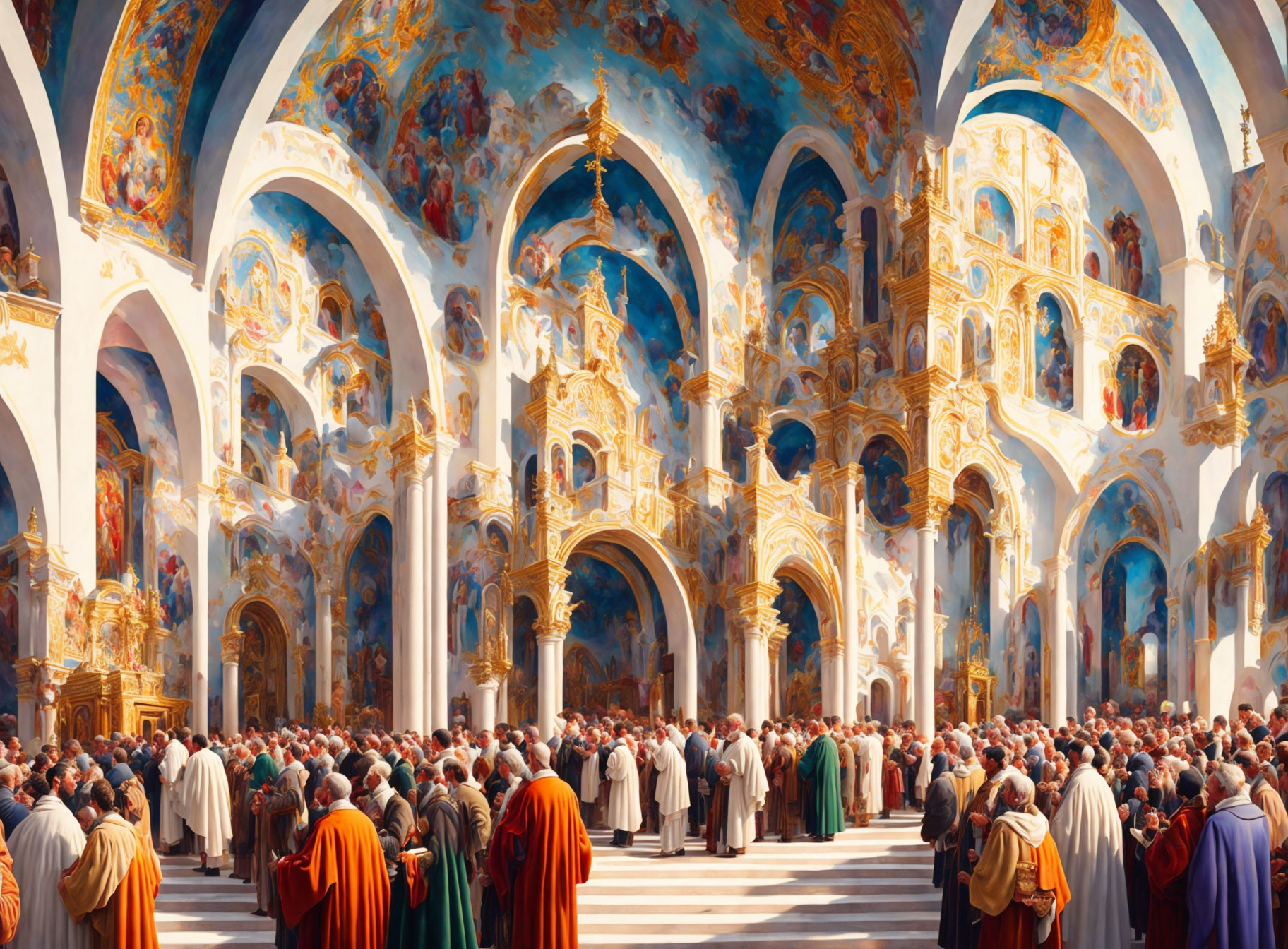 Church interior with frescoed ceilings, golden accents, congregation in warm light