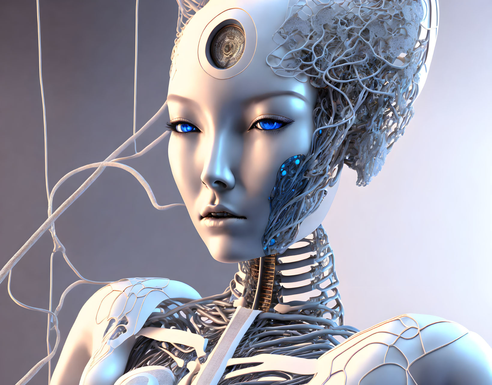 Detailed humanoid robot with intricate wiring and metallic skeleton on neutral background