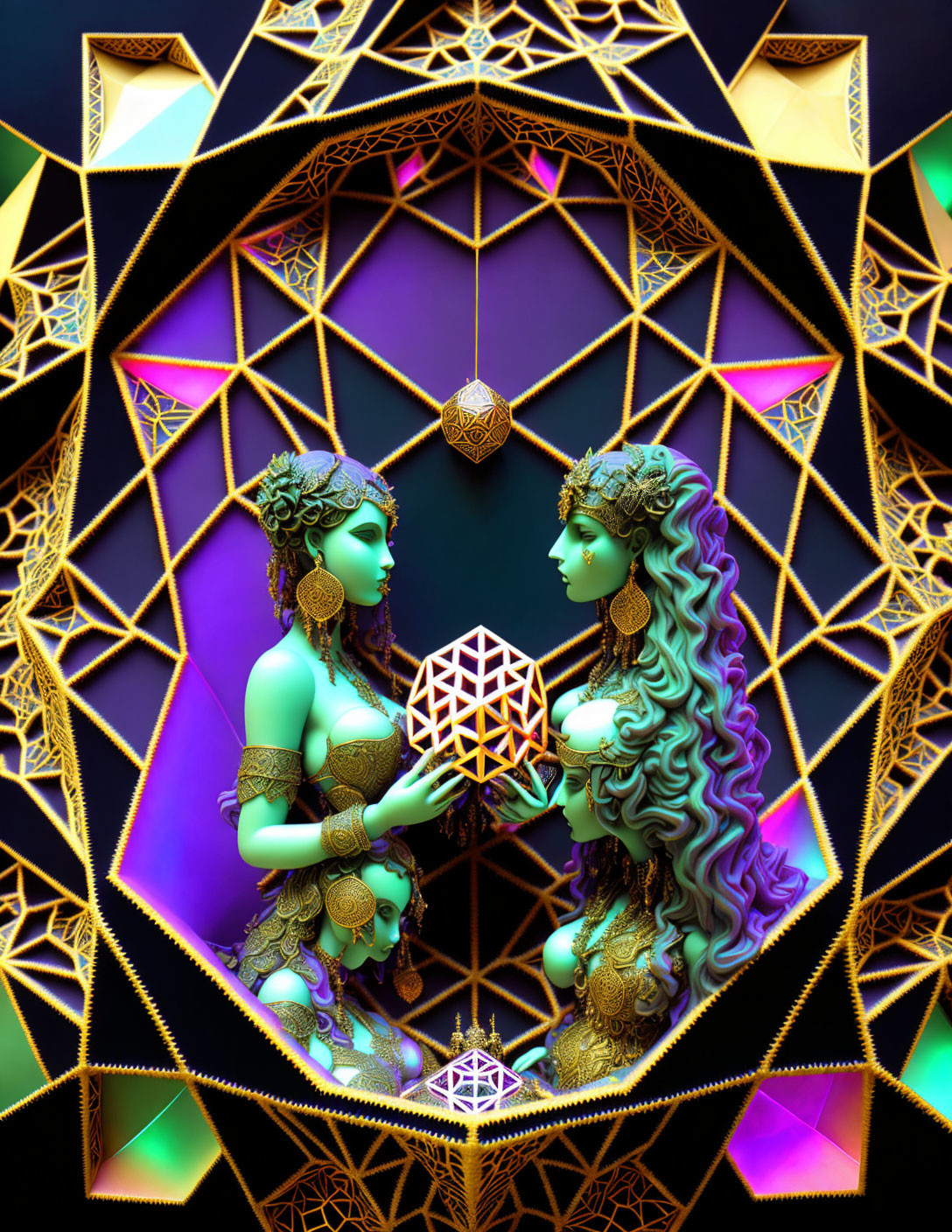 Stylized female figures with ornate headdresses and geometric object in kaleidoscopic backdrop